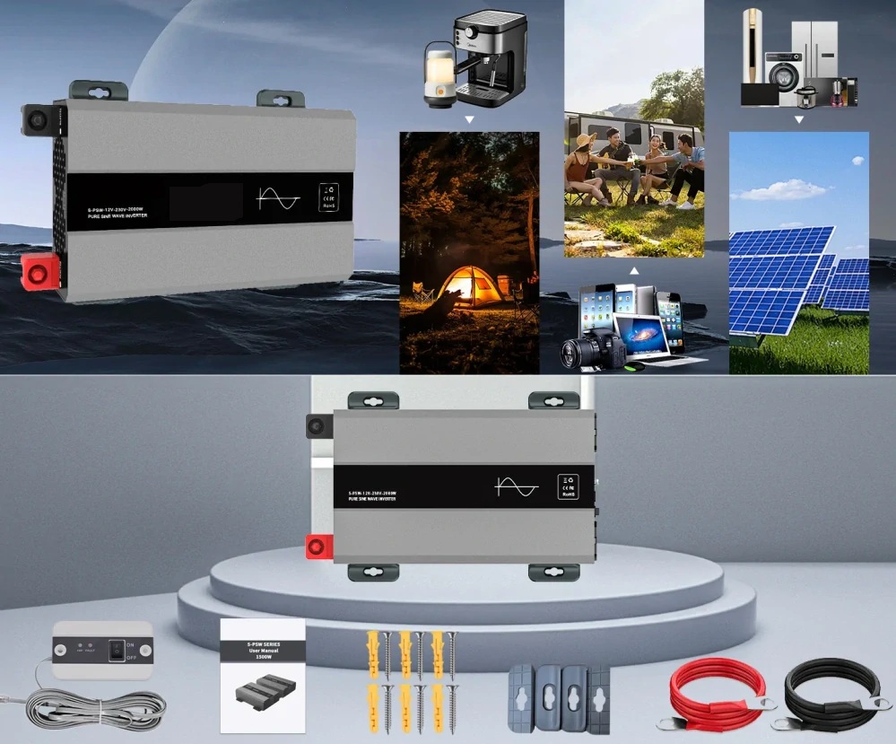 Měnič napětí z 12/230V 1500W, porty USB, PD 30W,  vzdálený vypínač, čistý sinus, stříbrný