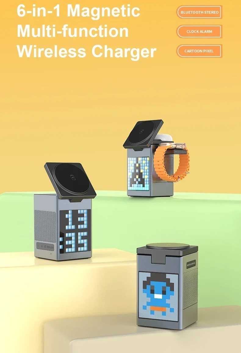 MagSafe Nabíjecí Stanice 6v1 s Budíkem a Bluetooth Reproduktorem