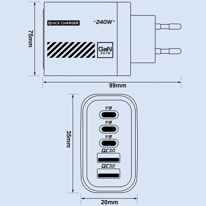 Univerzální GaN rychlonabíječka 240W žlutá – 5 portů (3x USB-C, 2x USB-A) pro notebooky, tablety a telefony
