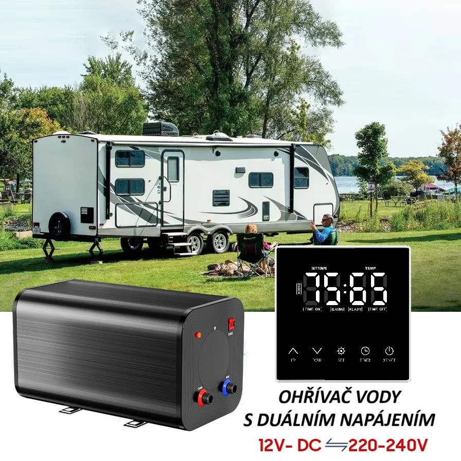Elektrický nerezový bojler pro karavany 10 litrů s přepínatelným výkonem a napětím 12V/220W a 230V/1600W včetně vzdáleného displeje pro nastavení bojleru
