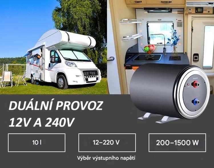 Elektrický nerezový bojler pro karavany 10 litrů s přepínatelným výkonem a napětím 12V/200W a 230V/1500W včetně vzdáleného displeje pro nastavení bojleru