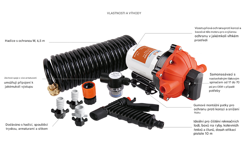 Tlakové membránové čerpadlo 19,7l/min, tlak 70PSI (4,8bar), napájení 12V, Seaflo – Mycí sada