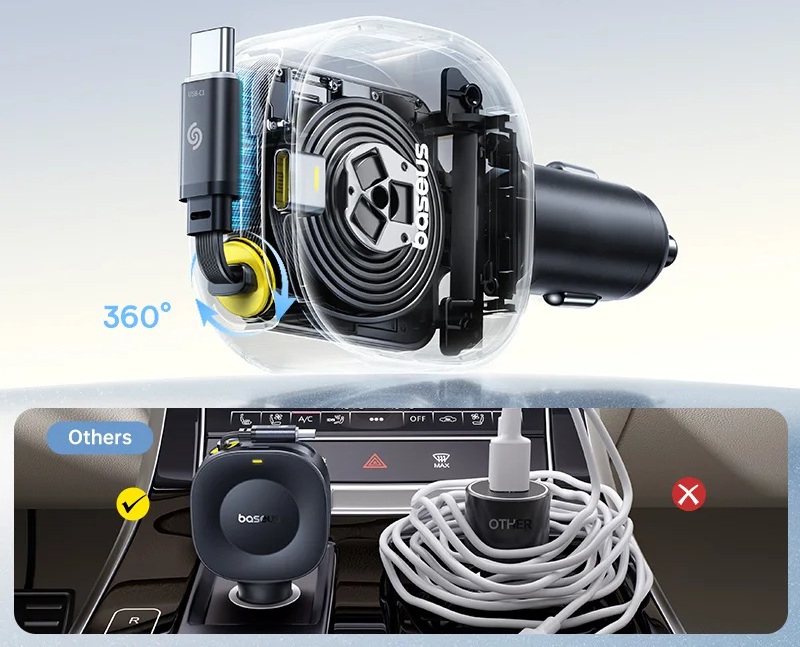 Autonabíječka 2x30W se zatahovacím USB-C kabelem pro rychlé nabíjení telefonů