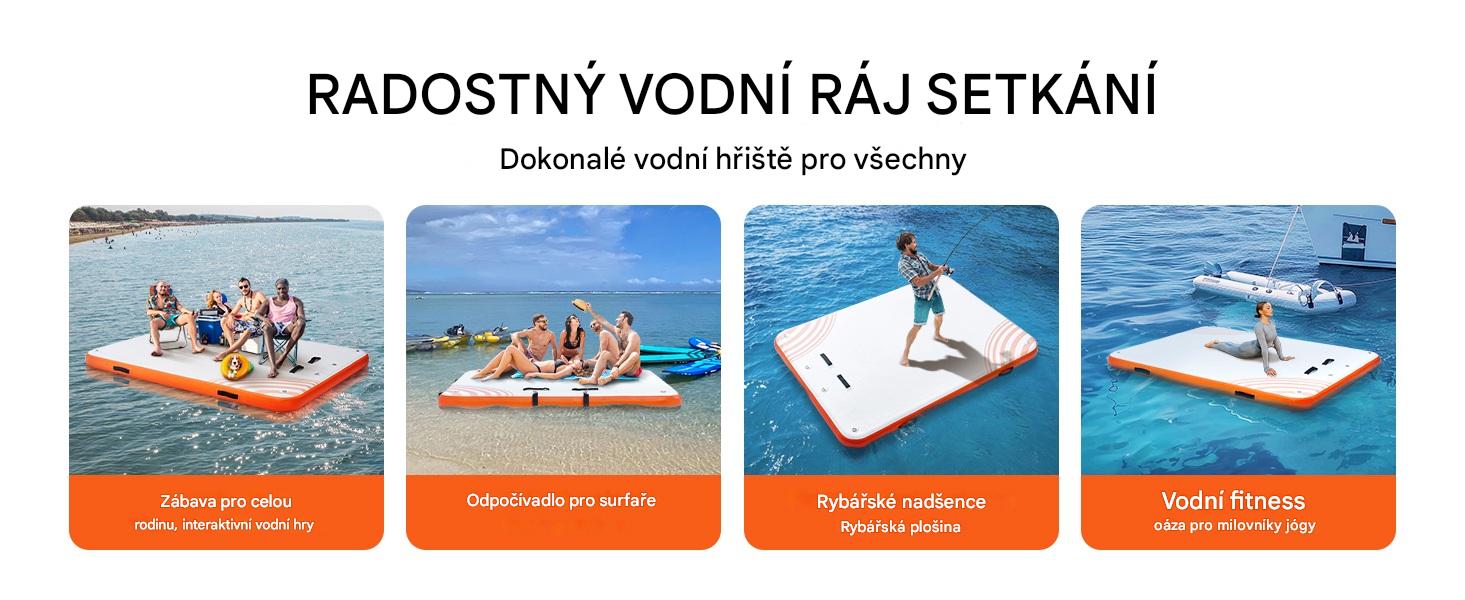 Nafukovací plovoucí molo / dok 304 x 243 cm s protiskluzovým povrchem, vysoká pevnost a nosnost, nafukovací ventil typu H-R (paddleboard)