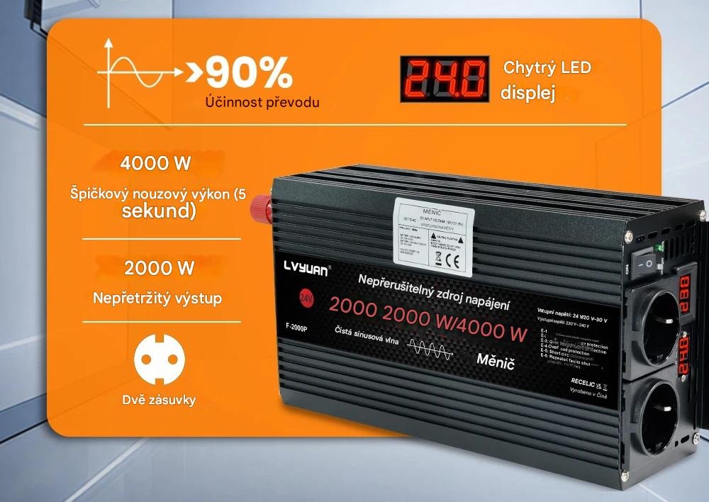 Měnič napětí z 12/230V 2000W, integrovaný displej s měřením napětí 12V a 230V, záložní zdroj UPS s čistou sinusoidou