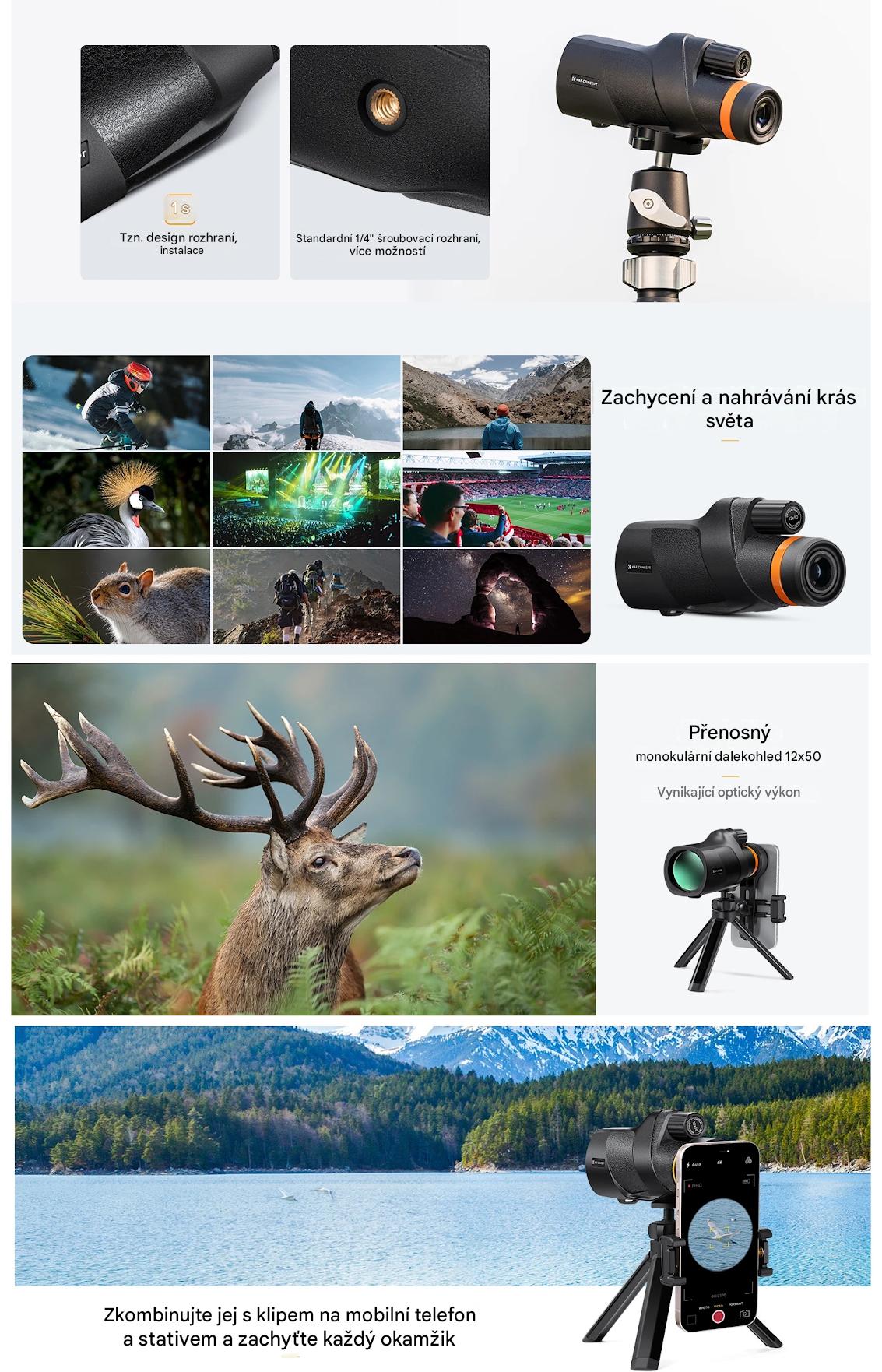 HD monokulární dalekohled 12x50 se stativem a držákem na mobil