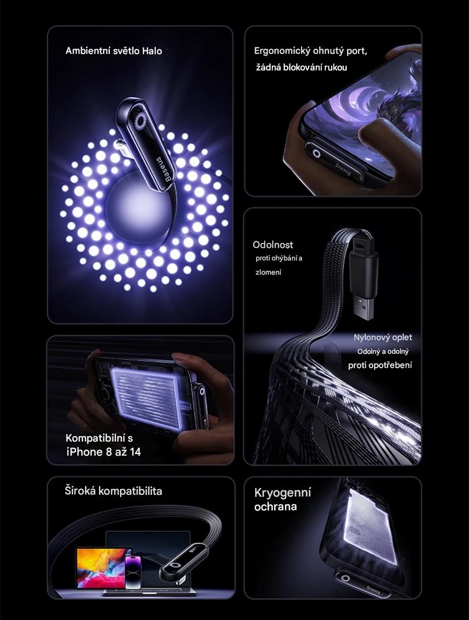 Zahnutý USB kabel 90° pro iPhone Baseus 1m s LED podsvícením