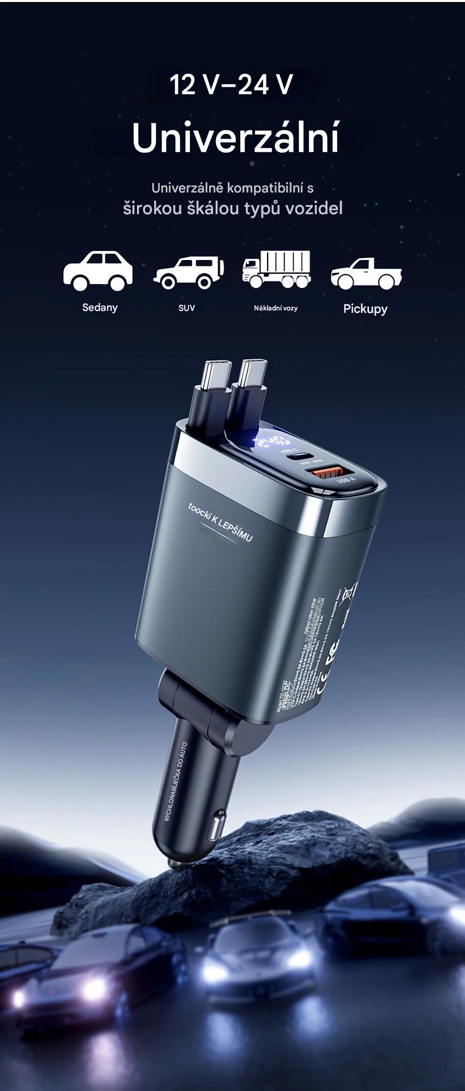 Autonabíječka 2x30W se zatahovacím USB-C kabelem pro rychlé nabíjení telefonů