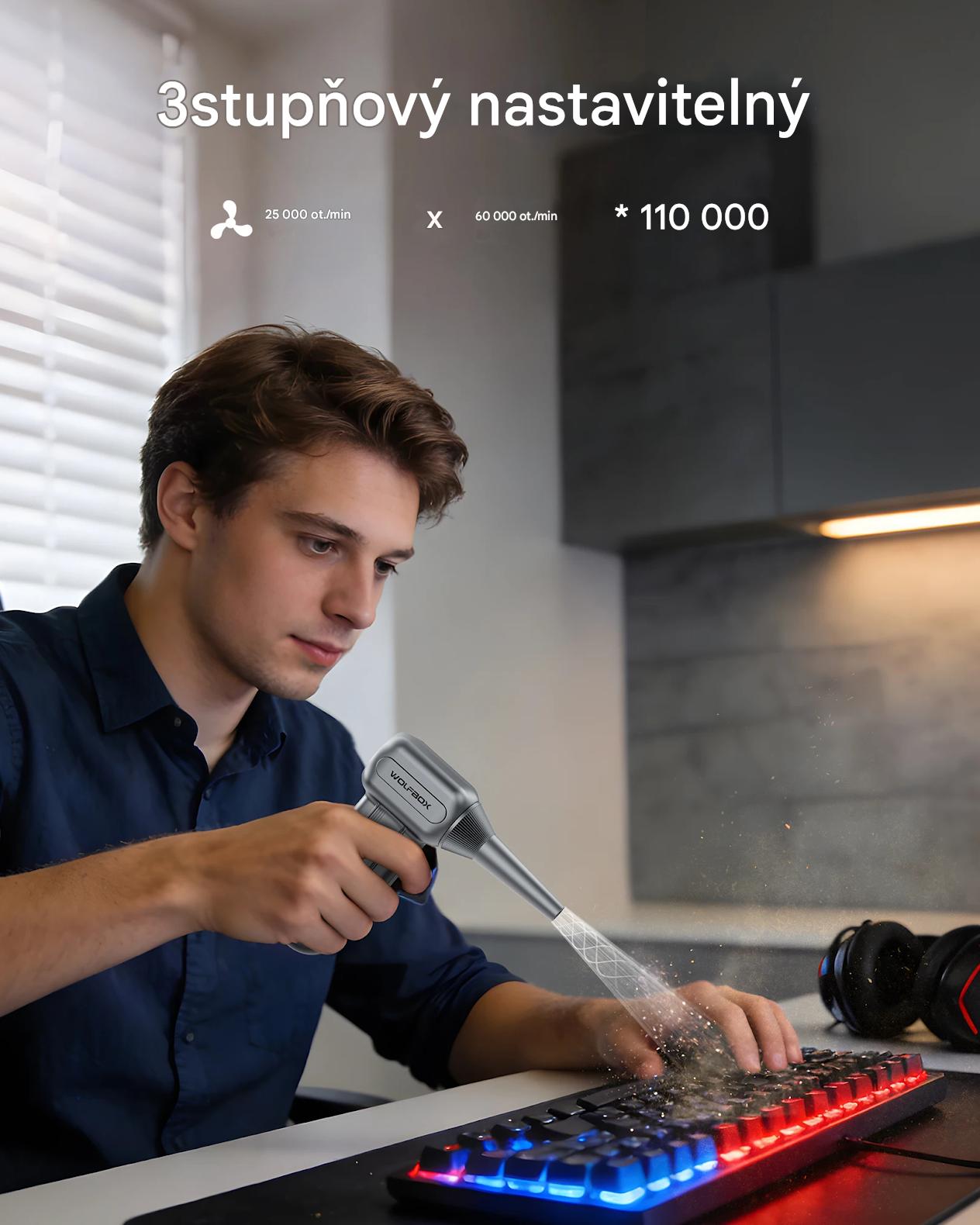 Výkonný akumulátorový dmychadlo 45 m/s pro čištění PC a aut