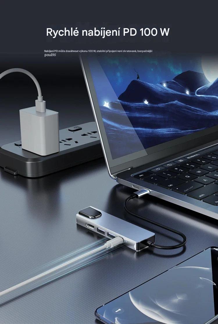 Kompaktní USB-C Hub 5-v-1 s RJ45 Ethernetem a 4K HDMI