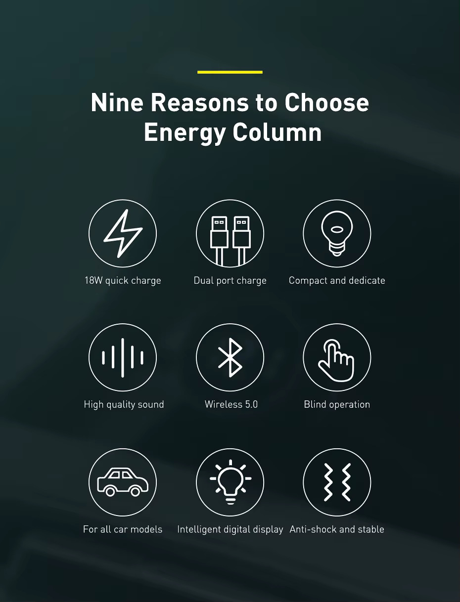 Kovový FM transmitter Baseus Energy Column s Quick Charge 3.0 – 18W