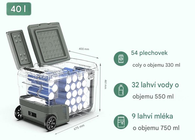 Autochladnička kompresorová Alpicool, dvouzonová autolednice, objem 40l, napájení 12V, 24V nebo 230V, LCD displej