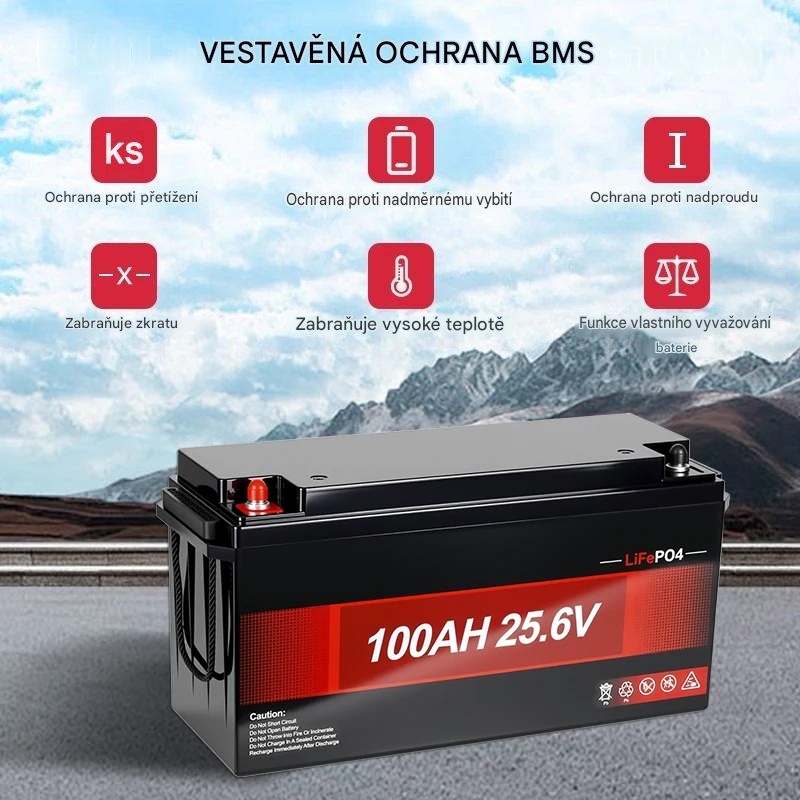 Baterie LiFePO4 25,6V (24V) 100Ah, 2560Wh, Lithium-železo-fosfátová baterie, BMS, délka 485mm, včetně nabíječky 5A