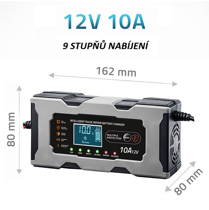 Nabíječka mikroprocesor 10A 12V PB/GEL/MOTO/AGM/LiFePO4 LCD displej, šedo-černá