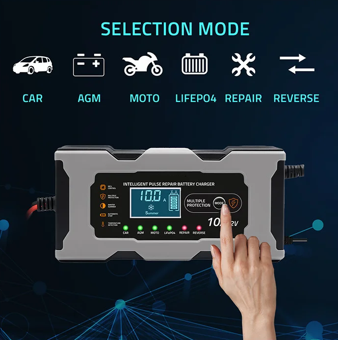 Nabíječka mikroprocesor 10A 12V PB/GEL/MOTO/AGM/LiFePO4 LCD displej, šedo-černá
