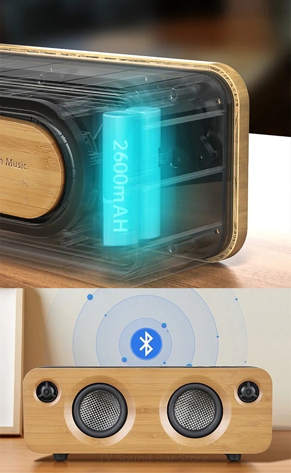 Bezdrátový reproduktor EPPE s výkonem 50W, barva přírodní bambus, podpora bezdrátového Bluetooth, linkového vstupu AUX 3,5 mm, USB portu i slotu na TF karty, kapacita baterie 2600 mAh