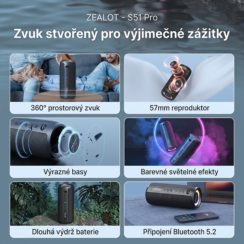 Bezdrátový reproduktor ZEO s výkonem 40W, barva černá, podpora bezdrátového Bluetooth, linkového vstupu AUX 3,5 mm, USB portu i slotu na TF karty, kapacita baterie 4000 mAh, IPX7