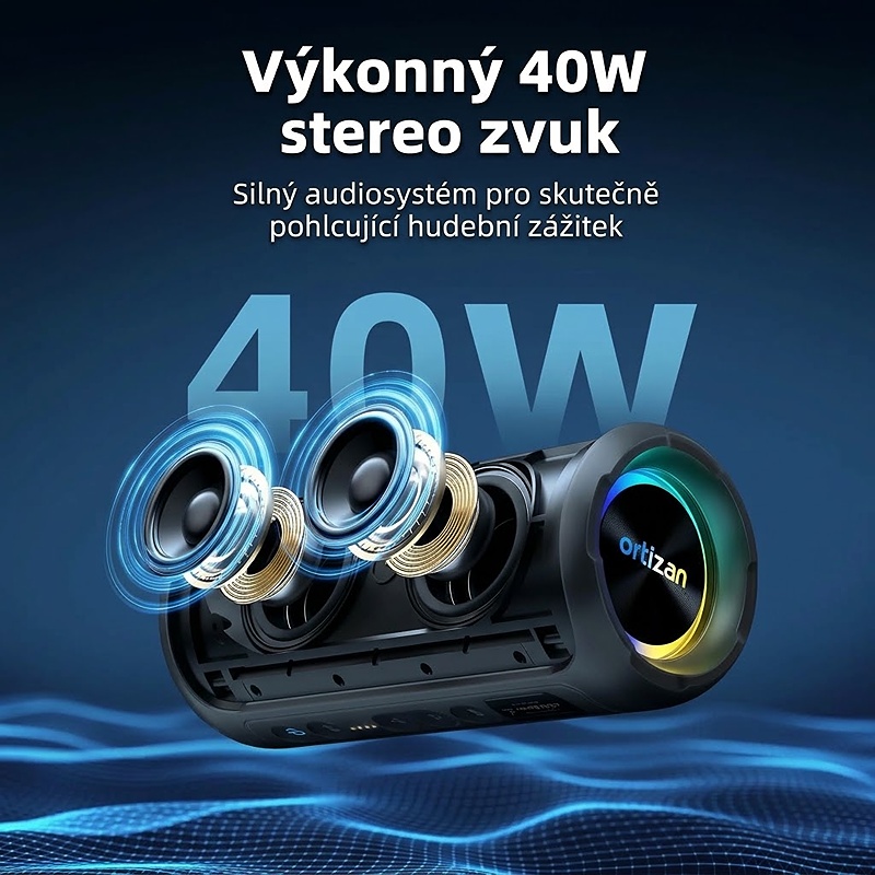 Bezdrátový reproduktor ZEO s výkonem 40W, barva černá, podpora bezdrátového Bluetooth, linkového vstupu AUX 3,5 mm, USB portu i slotu na TF karty, kapacita baterie 4000 mAh, IPX7