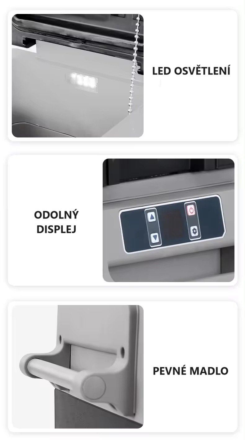 Autochladnička kompresorová, autolednice, objem 35l, napájení 12V, 24V nebo 230V, LCD displej, bluetooth aplikace