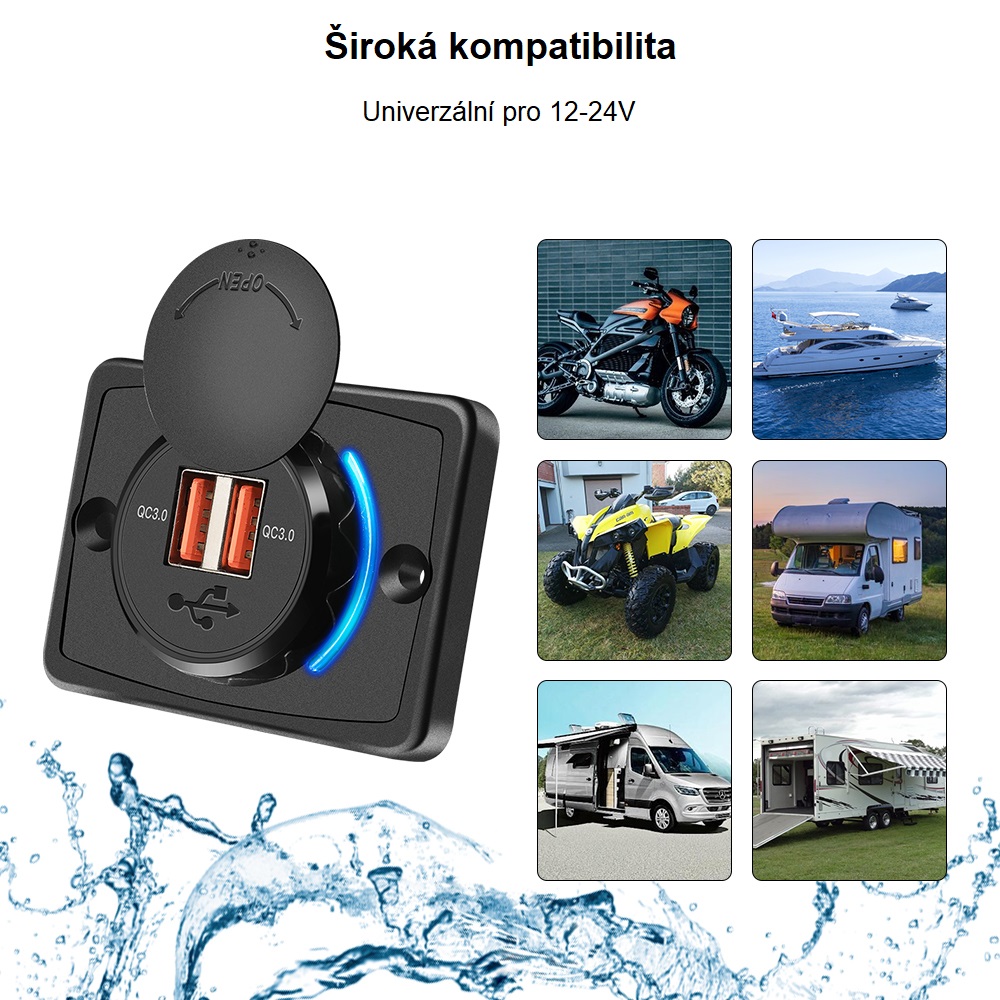 Duální USB nabíječka zásuvka pro nabíjení do karavanu 2x QC3 12V-24V