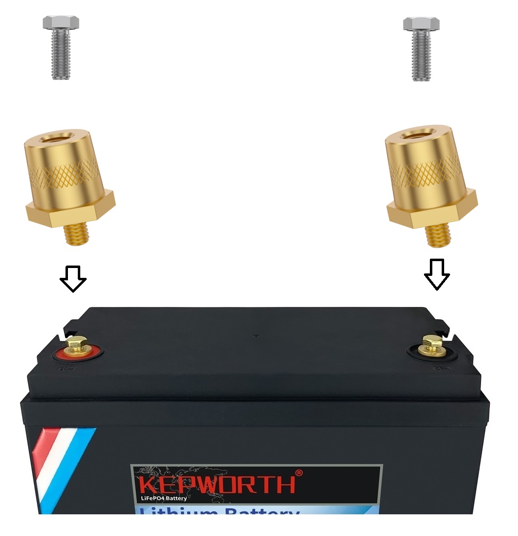 Autokonektor pro baterie LiFePO4 se závitem M6 s vnitřním závitem M8, pár - plus a minus