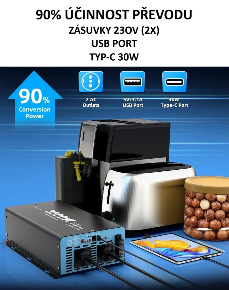 Měnič napětí z 12/230V 3500W, porty USB, PD 30W,  vzdálený kontrolní panel, čistý sinus