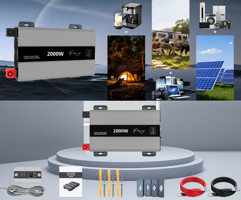 Měnič napětí z 12/230V 2000W, porty USB, PD 30W, vzdálený kontrolní panel, čistý sinus, stříbrný