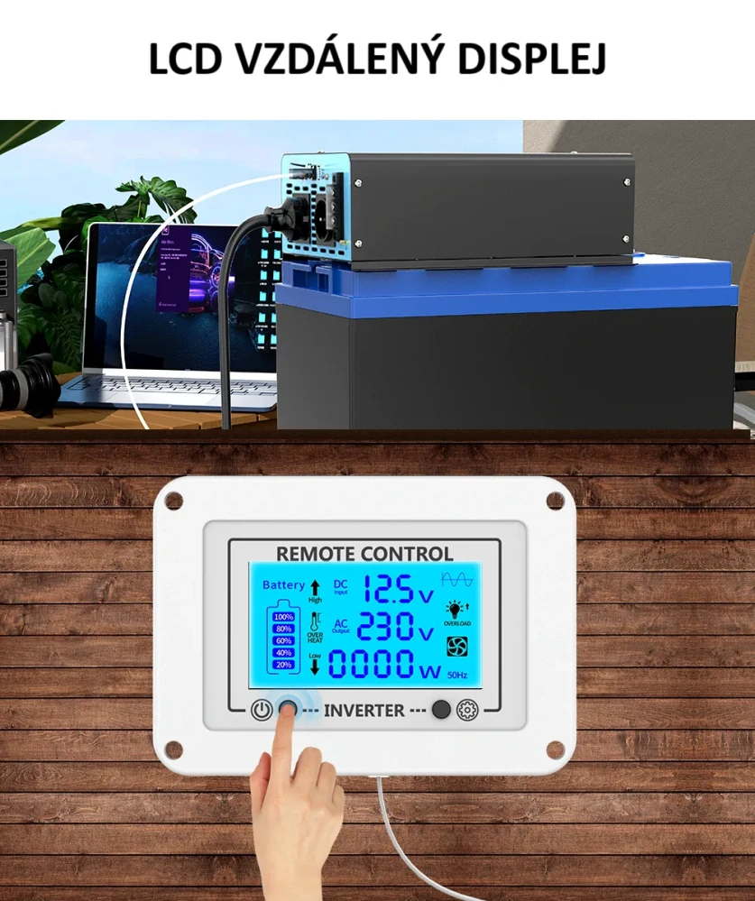 Měnič napětí z 12/230V 1500W, porty USB, PD 30W,  vzdálený kontrolní panel, čistý sinus