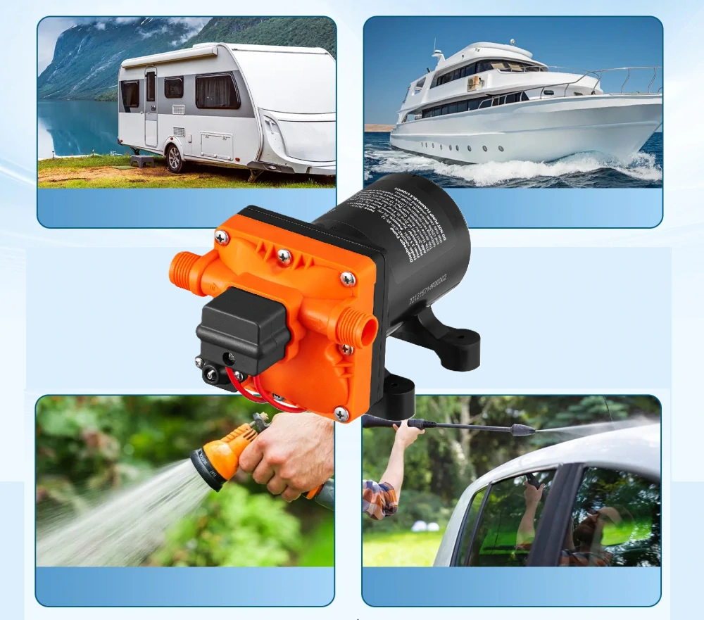 Tlakové membránové čerpadlo 11,3l/min, tlak 55PSI (3,8bar), napájení 12V, orange