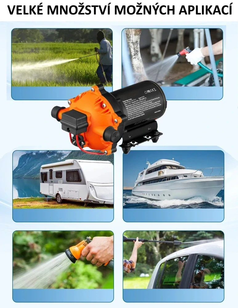 Tlakové membránové čerpadlo 18,9/min, tlak 70PSI (4,8bar), napájení 12V, orange