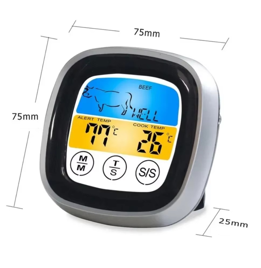  Grilovací kuchyňský teploměr digitální s dotykovým displejem a magnety na zadní straně, délka externí sondy 170mm