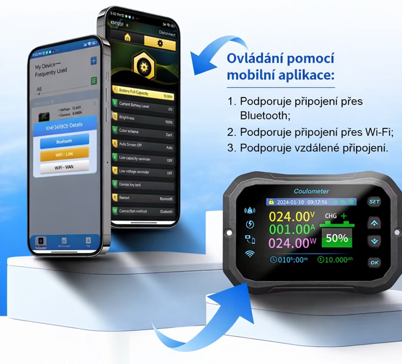 JT WIFI Sledovač stavu baterie a odpojovač pro baterie s napětím od 9 do 120V, proudová zátěž max. 100A, možnost sledování prostřednictvím wifi  i bluetooth v mobilním telefonu