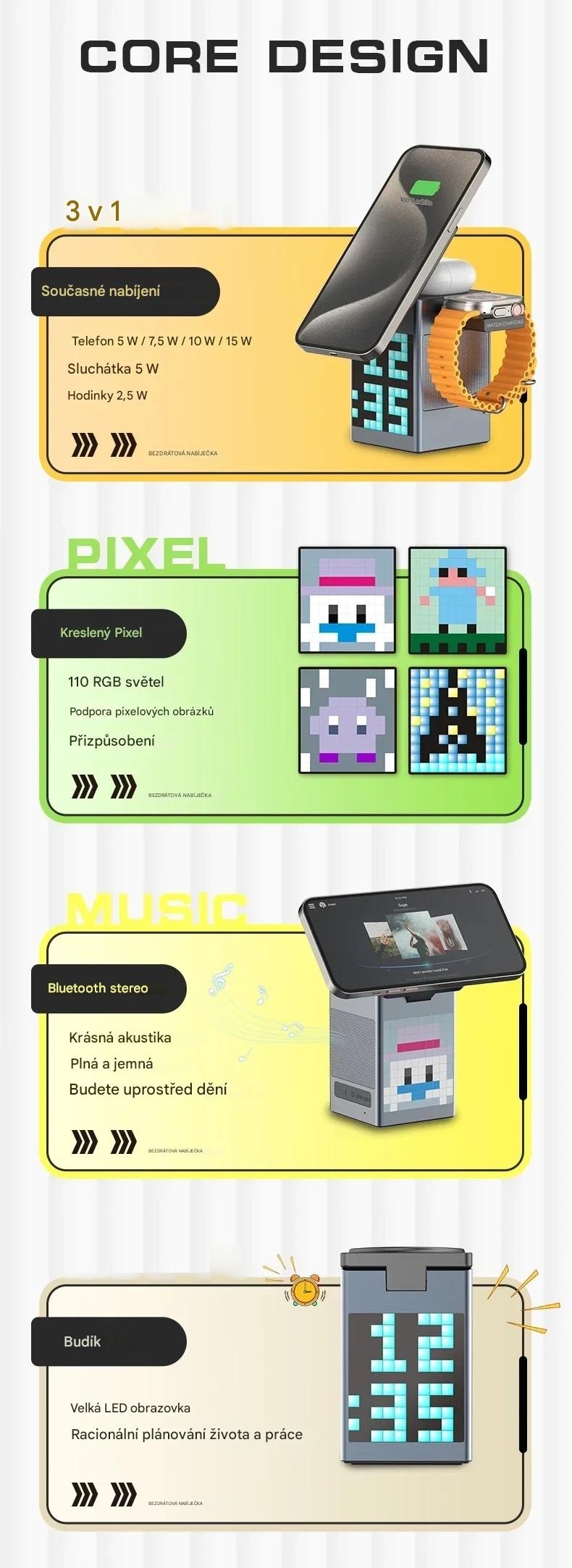 MagSafe Nabíjecí Stanice 6v1 s Budíkem a Bluetooth Reproduktorem