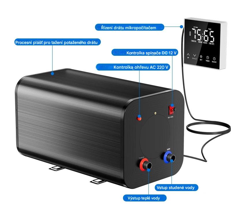 Elektrický nerezový bojler pro karavany 10 litrů s přepínatelným výkonem a napětím 12V/220W a 230V/1600W včetně vzdáleného displeje pro nastavení bojleru