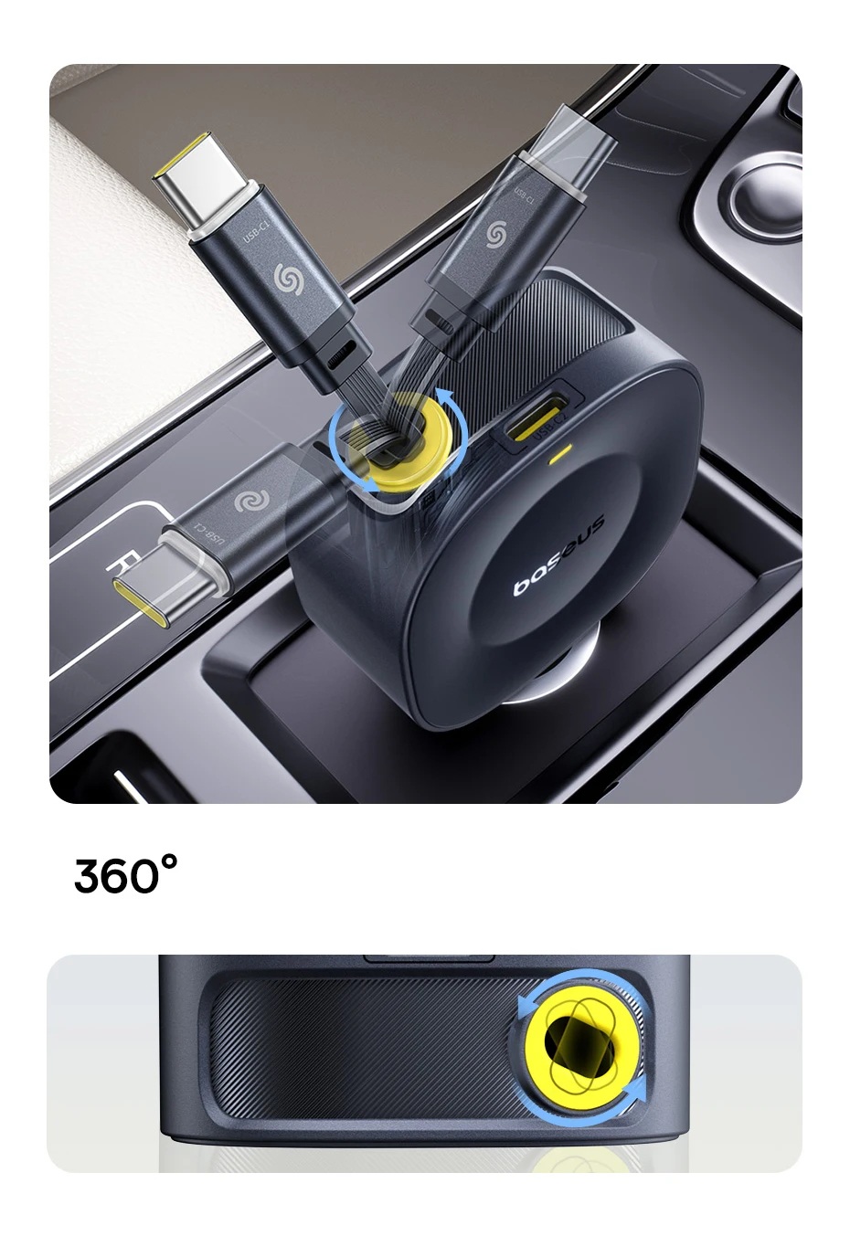 Autonabíječka 2x30W se zatahovacím USB-C kabelem pro rychlé nabíjení telefonů