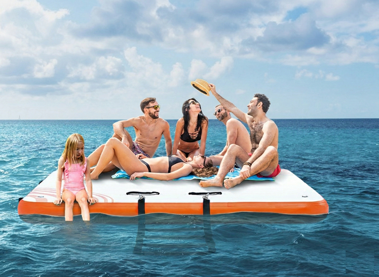 Nafukovací plovoucí molo / dok 304 x 243 cm s protiskluzovým povrchem, vysoká pevnost a nosnost, nafukovací ventil typu H-R (paddleboard)