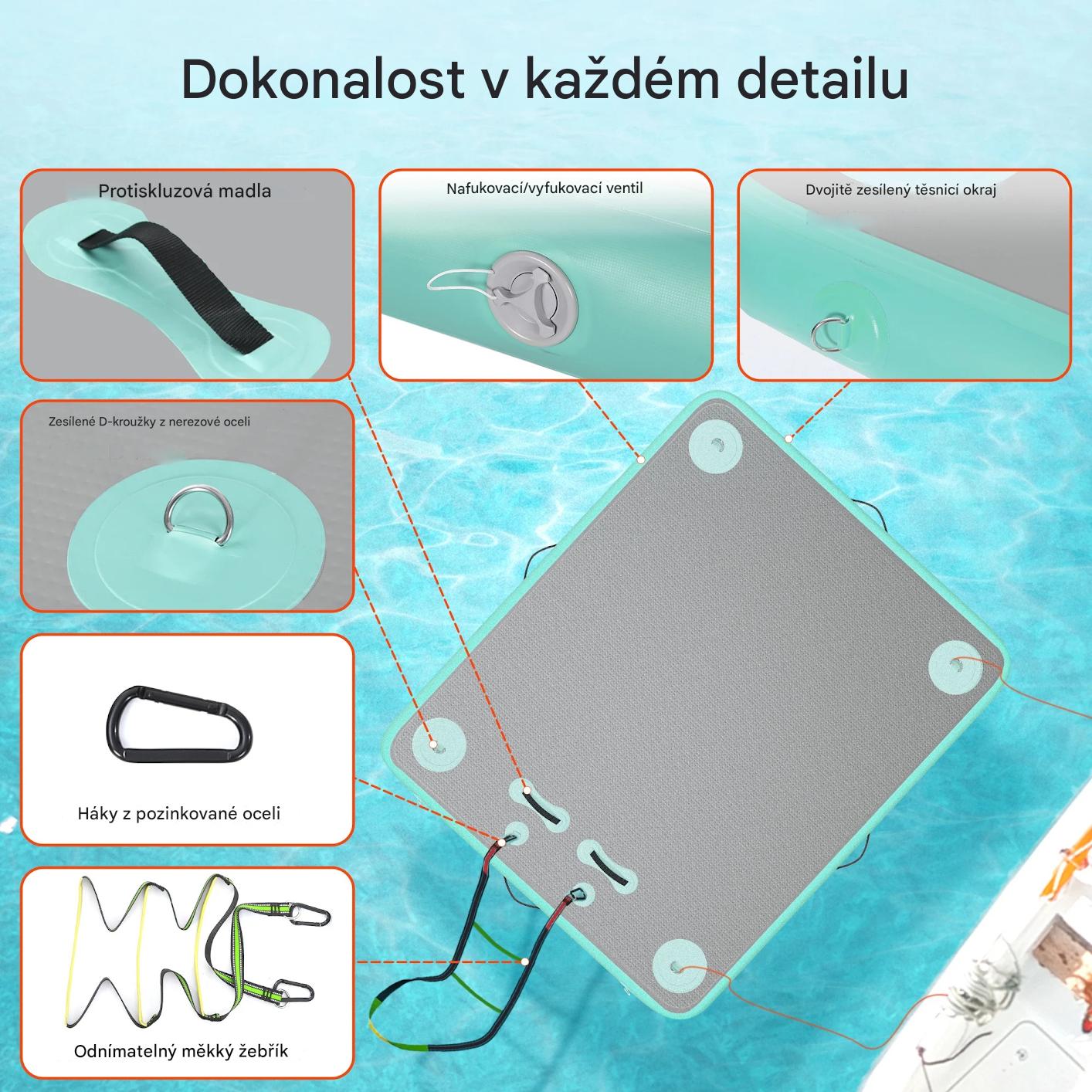 Nafukovací plovoucí molo / dok 180 x 150 cm s protiskluzovým povrchem, vysoká pevnost a nosnost, nafukovací ventil typu H-R (paddleboard)