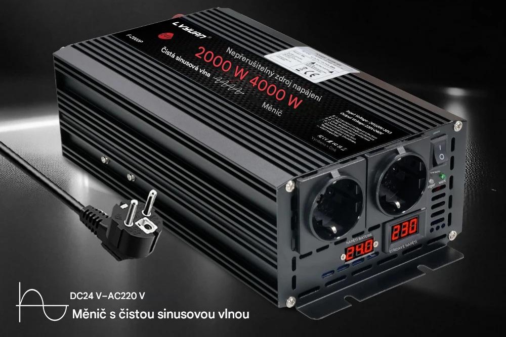 Měnič napětí z 12/230V 2000W, integrovaný displej s měřením napětí 12V a 230V, záložní zdroj UPS s čistou sinusoidou