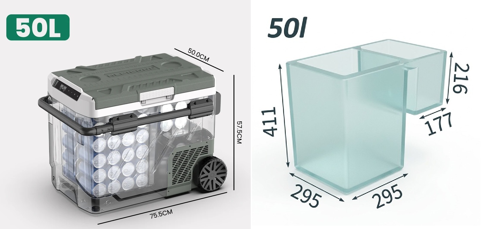 Autochladnička kompresorová Alpicool, dvouzonová autolednice, objem 50l, napájení 12V, 24V nebo 230V, LCD displej, Bluetooth aplikace