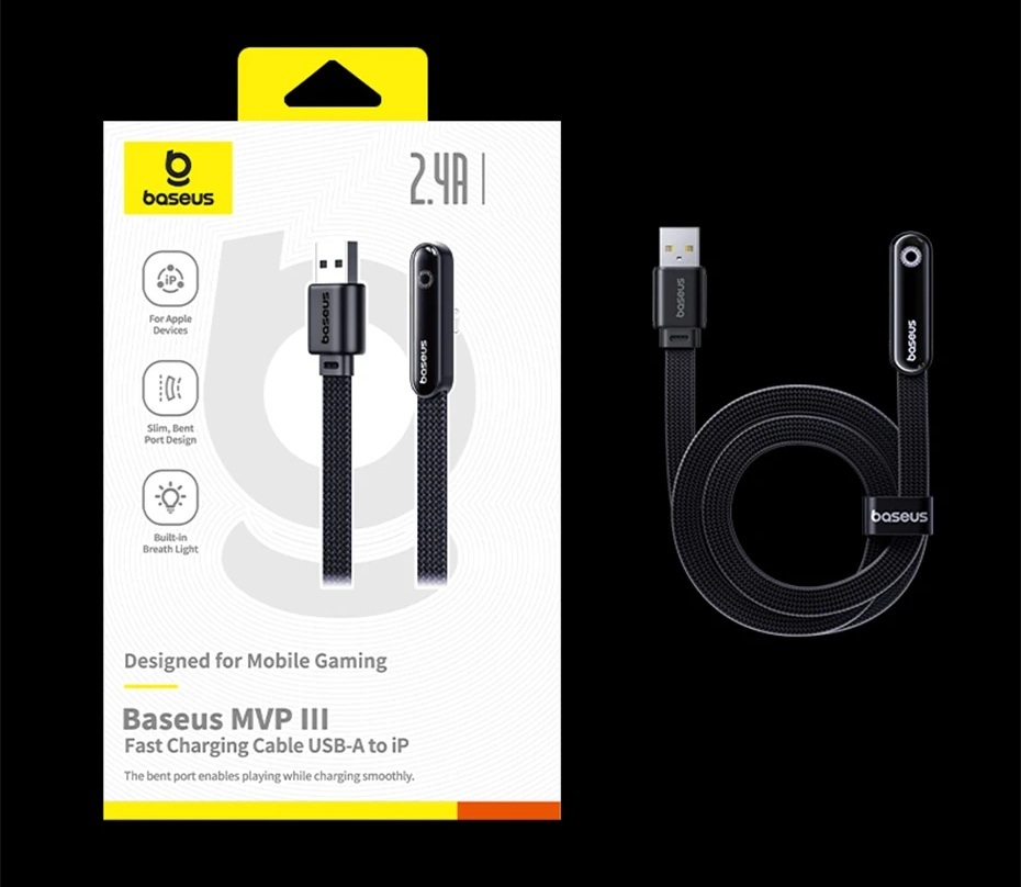Zahnutý USB kabel 90° pro iPhone Baseus 1m s LED podsvícením