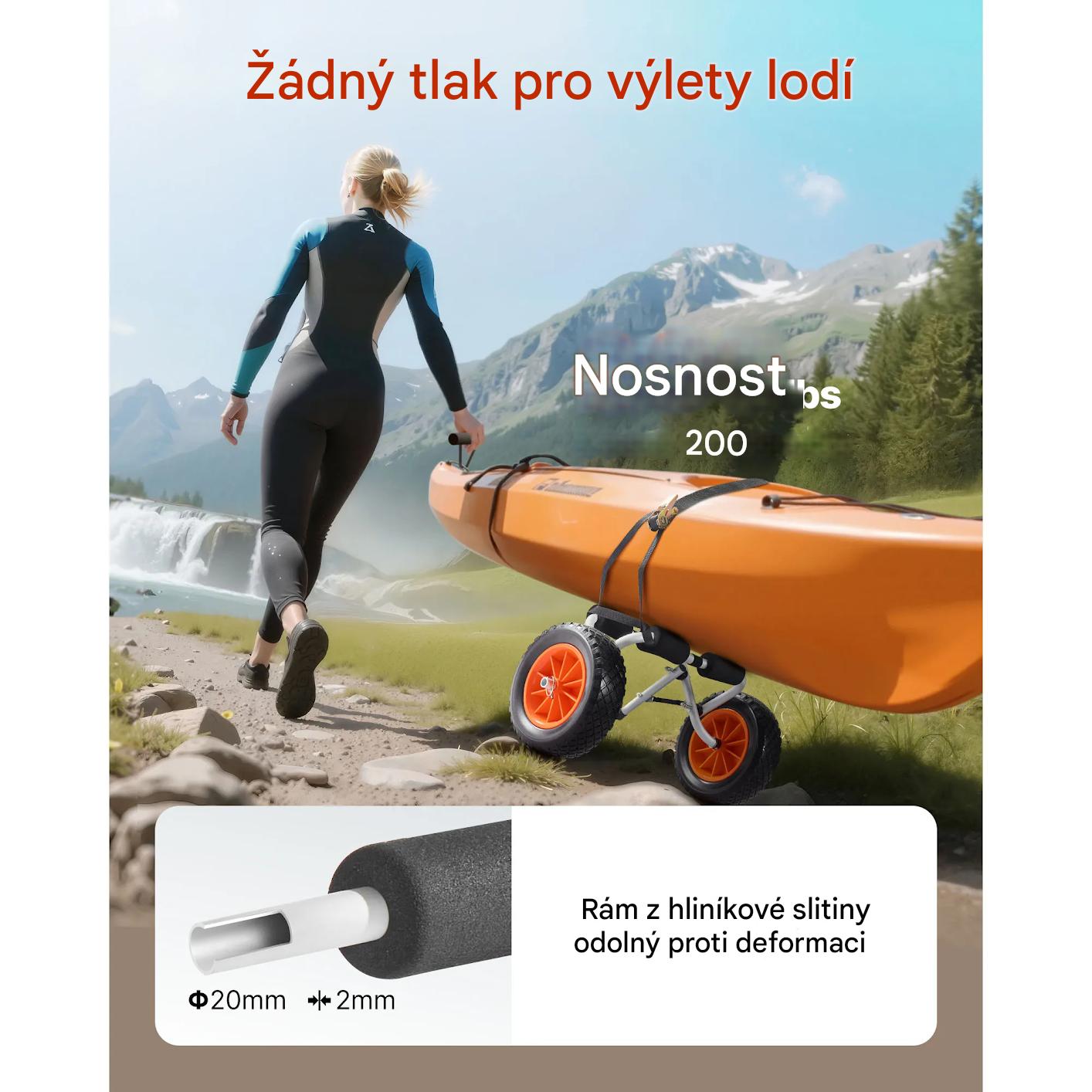 Skládací hliníkový vozík na kajak 90kg s 10" bezdefektními koly