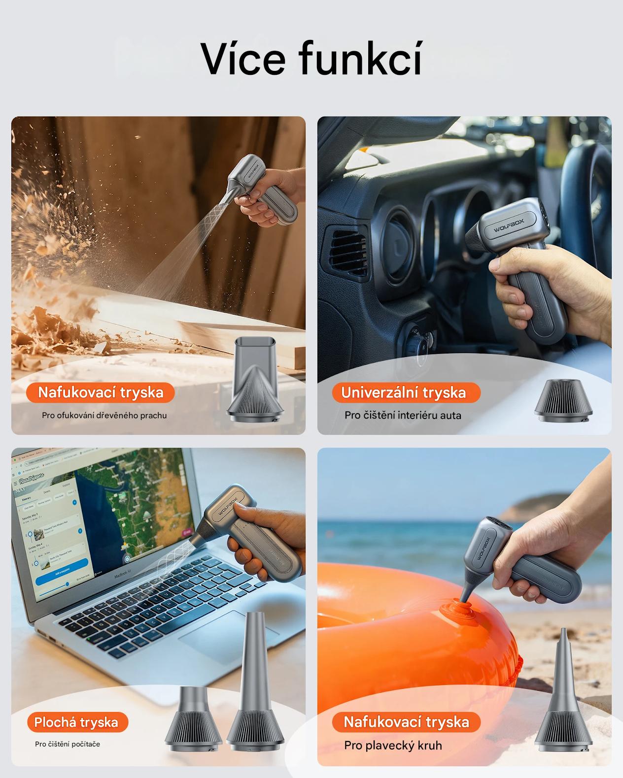 Výkonný akumulátorový dmychadlo 45 m/s pro čištění PC a aut