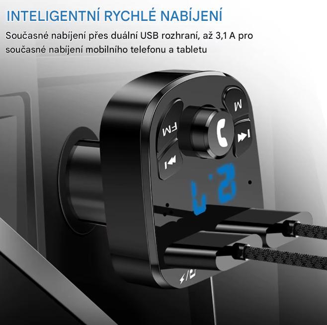 FM transmitter s USB nabíječkou do autozapalovače, Bluetooth 5.0