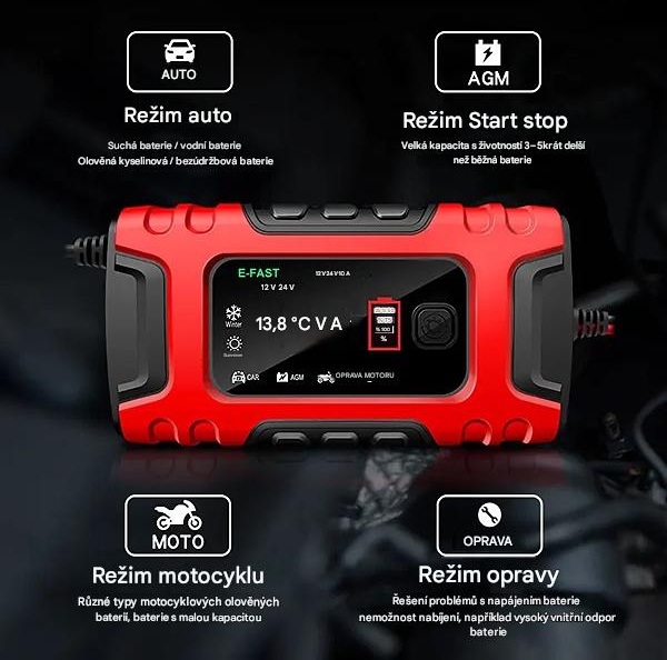 Inteligentní autonabíječka 12V/24V s LCD a funkcí opravy baterie