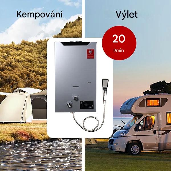 Kempingový průtokový ohřívač vody, rychlost ohřevu vody 20l/min, přenosná sprcha s teplou vodou, provoz na láhev propan butan