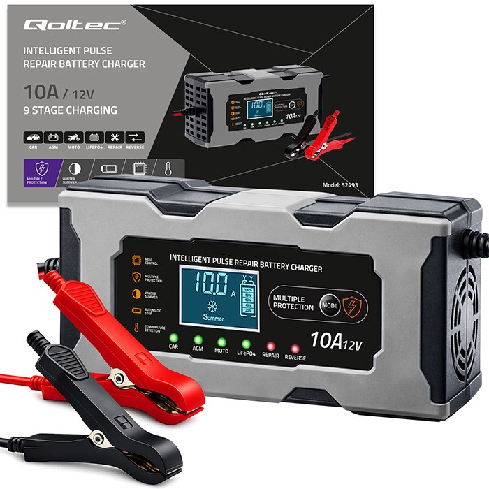Nabíječka mikroprocesor 10A 12V PB/GEL/MOTO/AGM/LiFePO4 LCD displej, šedo-černá