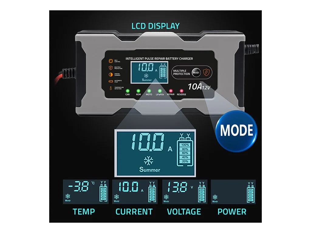 Nabíječka mikroprocesor 10A 12V PB/GEL/MOTO/AGM/LiFePO4 LCD displej, šedo-černá