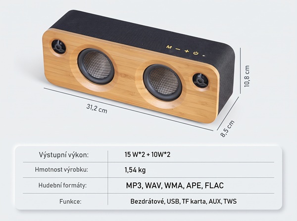 Bezdrátový reproduktor EPPE s výkonem 50W, barva přírodní bambus, podpora bezdrátového Bluetooth, linkového vstupu AUX 3,5 mm, USB portu i slotu na TF karty