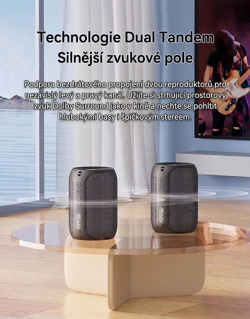 Bezdrátový reproduktor ZEO s výkonem 15W, barva černá, podpora bezdrátového Bluetooth, linkového vstupu AUX 3,5 mm, USB portu i slotu na TF karty, kapacita baterie 3000 mAh