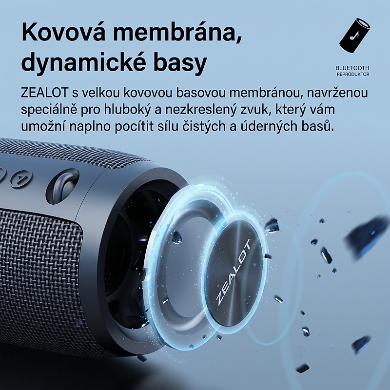 Bezdrátový reproduktor ZEO s výkonem 40W, barva černá, podpora bezdrátového Bluetooth, linkového vstupu AUX 3,5 mm, USB portu i slotu na TF karty, kapacita baterie 4000 mAh, IPX7